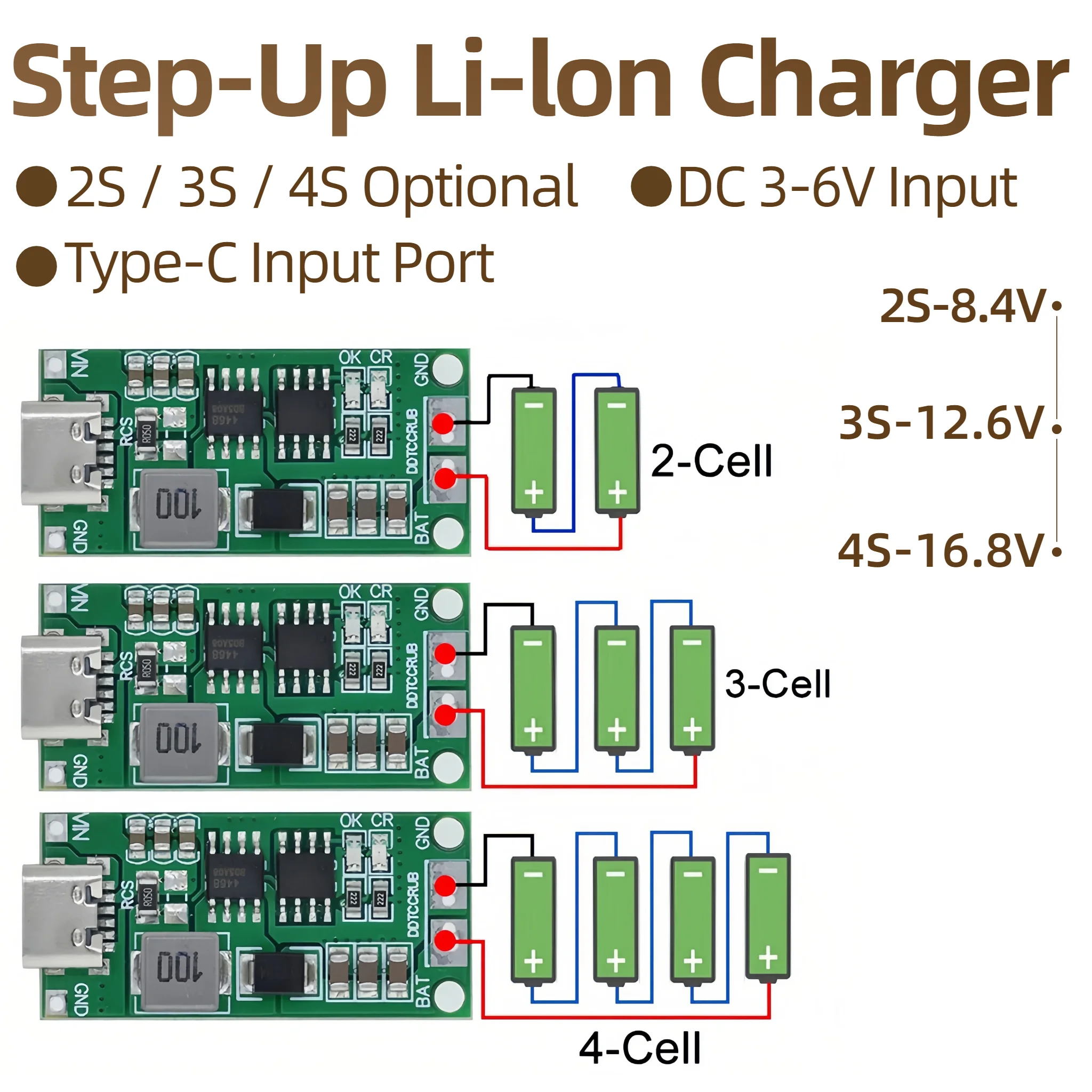 2-5-10pcs 2S 3S 4S Type‑C Step‑Up Lithium Battery Charger Module DC 3‑6V Input Charging Board For 18650 Li‑ion Battery Pack