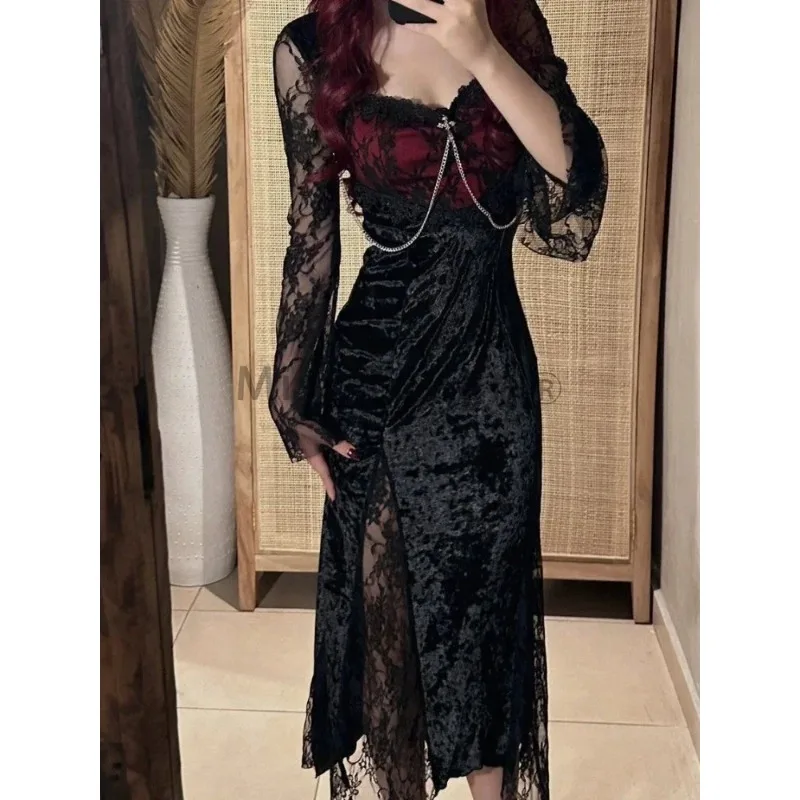 Gothic Grunge Y2k Lace Dress Women Dark Academia Sexy Slim Party Dresses Korean Fashion Design Festival Long Prom Dress