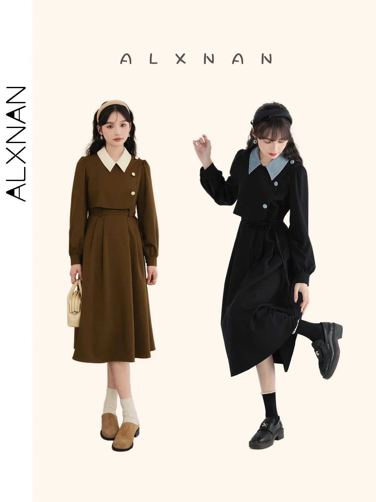 ALXNAN French Elegant A-line Lapel Dress Women\'s 2024 Spring New Slim Lace-up Fake Two-piece Long Sleeve Female Dress TM00203