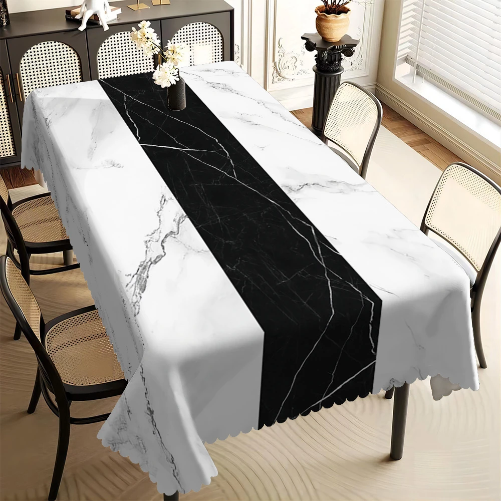 1pc Elegant Black and White Marble Print Rectangular Tablecloth with Fan-Shaped Edge, , Perfect for Dining Room, Kitchen, Living
