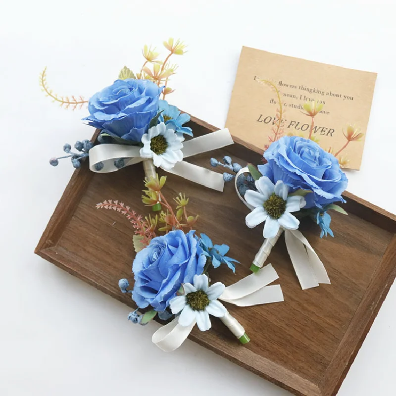 青い結婚式の花の花束、人工青の結婚式の花、ビジネスのお祝い、ゲストコサージュア、boutonniere、2428