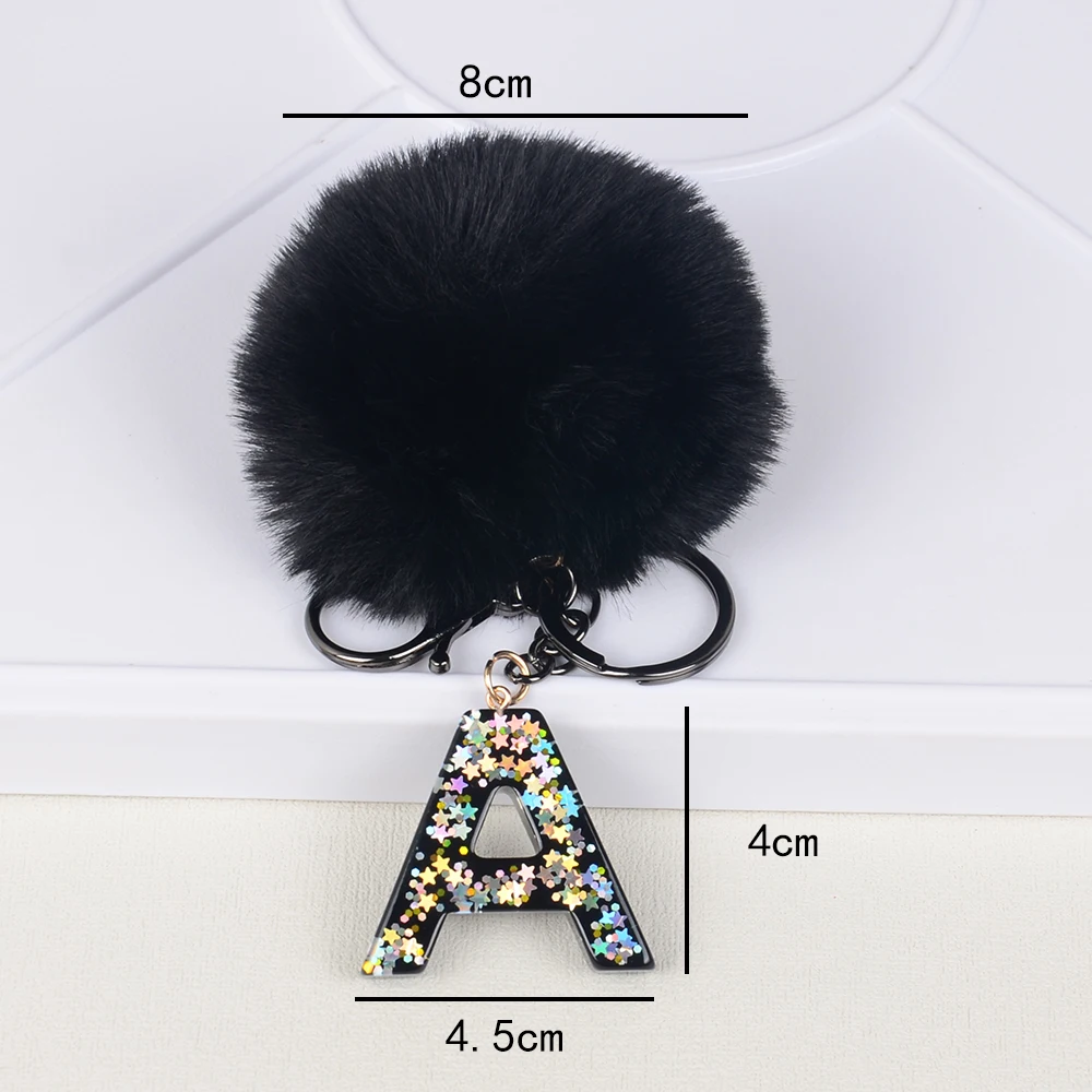 Black furry pompoms Initial Sequin letter Keychain  Girl Perfect Gift Adds Sparkle to Bags & Car Interiors