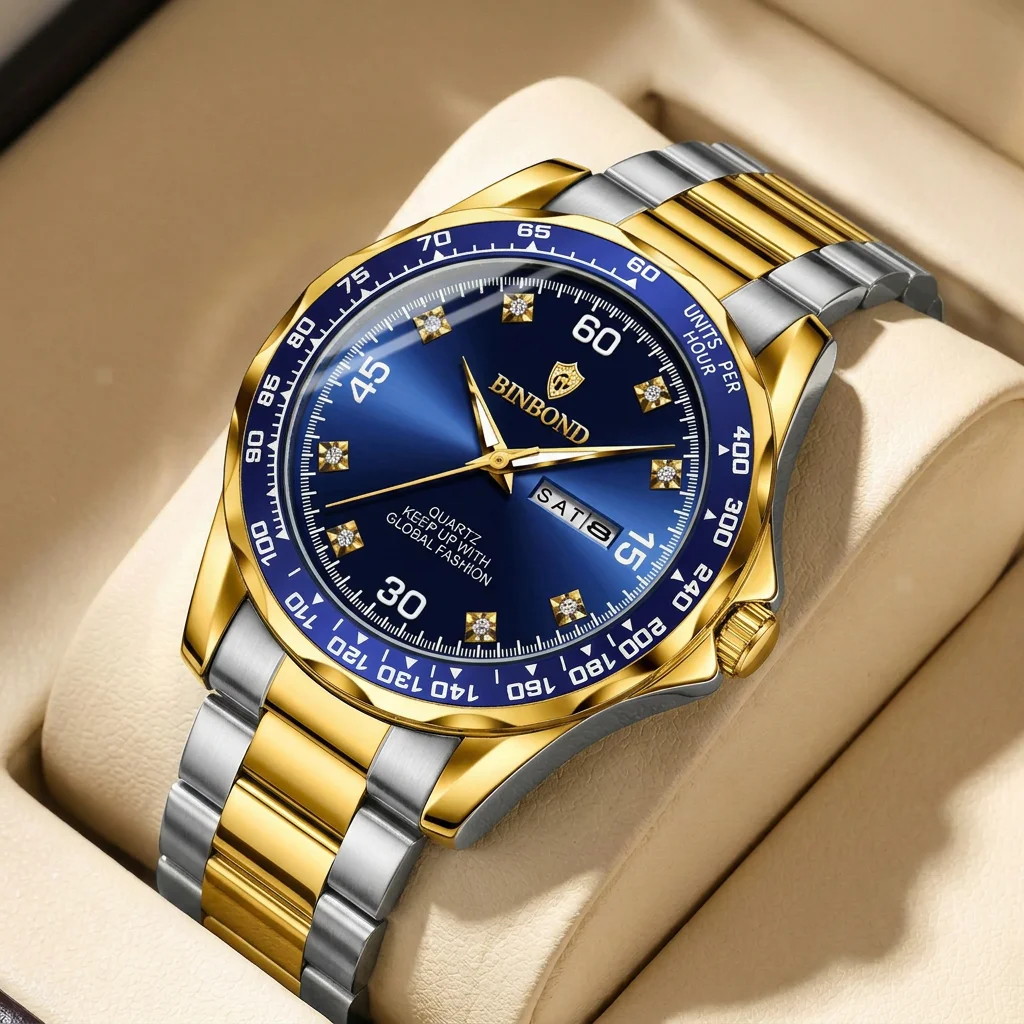 1pcs Fashion Watch Two Tone Metal Strap Blue Dial Date Day Display Shiny Accents Quartz Movement Casual Business Style S