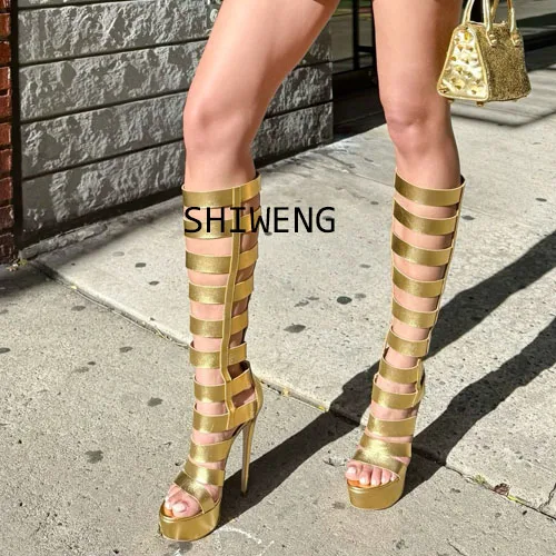 

Caged Platform Knee High Sandals Boots Women Cut-Outs T-Strap Thin High Heels Gladiator Open Toe Ladies Back Zipper Summer Shoes