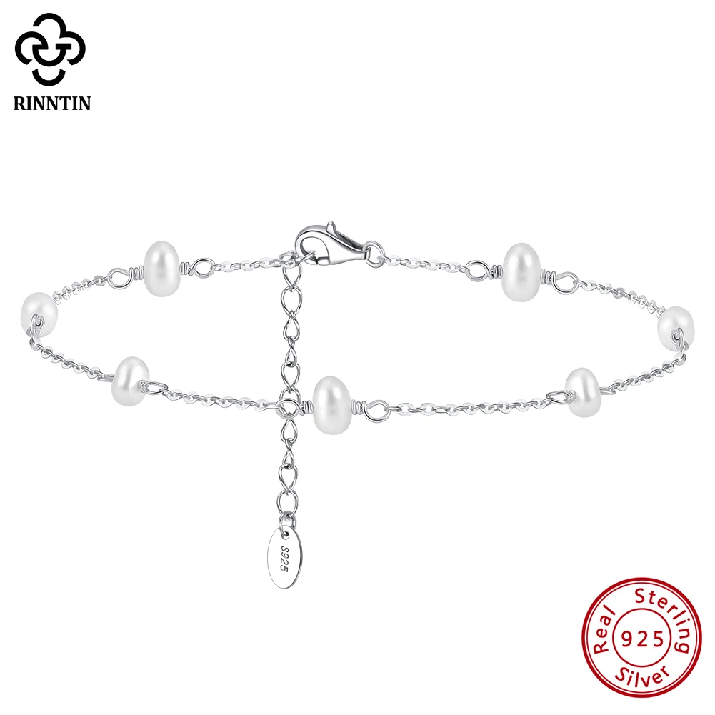 Rinntin 925 Sterling Silver Natural Baroque Pearls Anklets for Women Fashion Foot Bracelet Ankle Straps Pearls Jewelry SA37