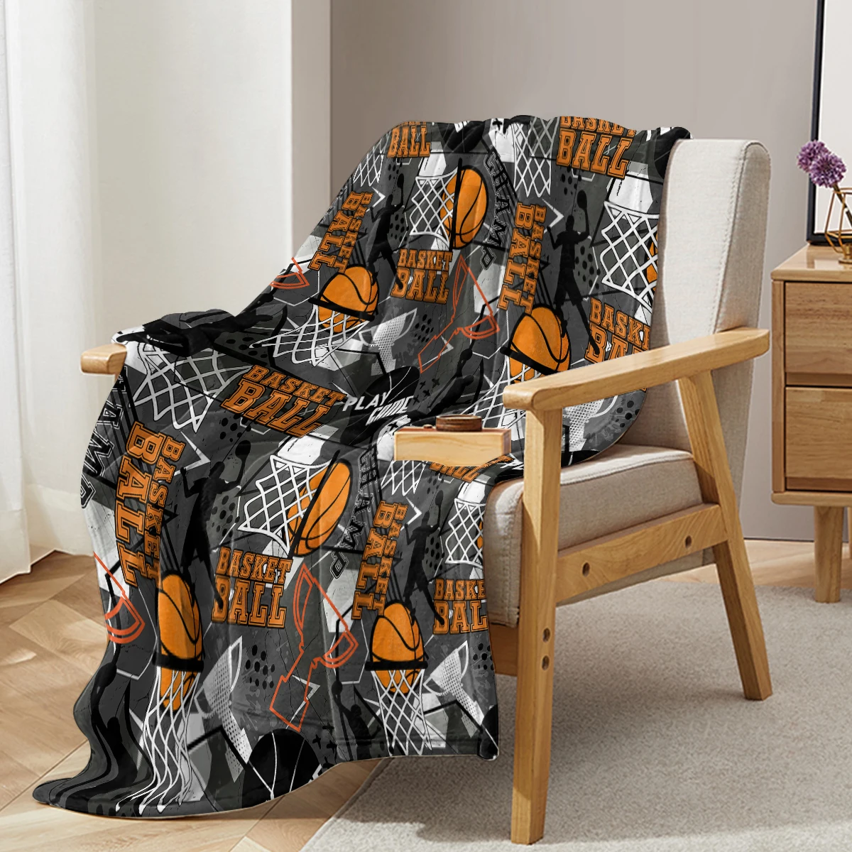 Sports Blanket Printed with basketballs and trophies Blanket Soft Flannel Blanket Warm Cozy Blanket for Teens Adults kids