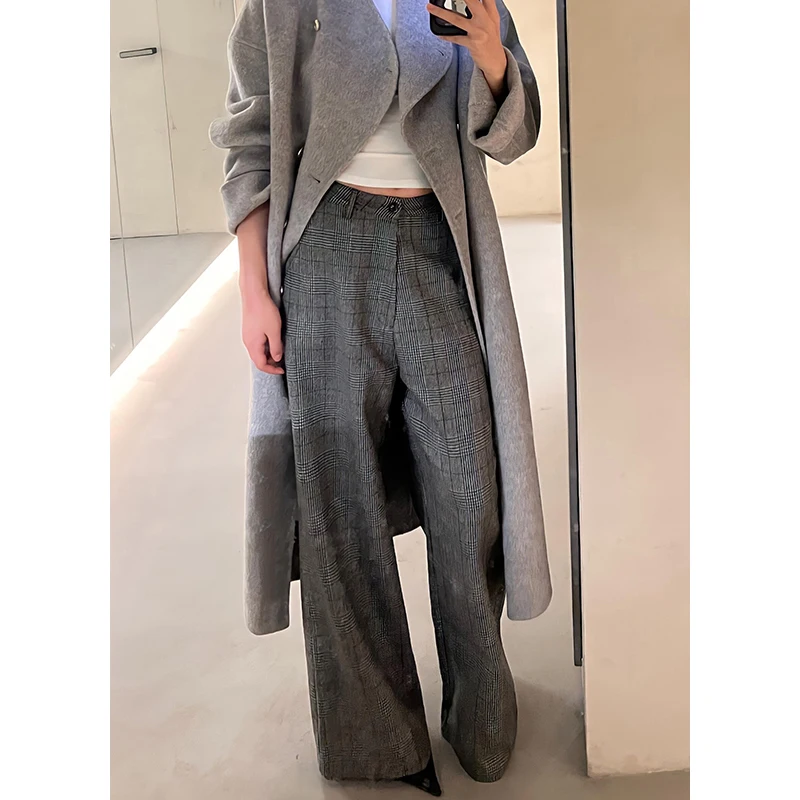 

PBAP Casual Draped Plaid Tweed Suit Pants Women Checkered High Waist Loose Wide Leg Bootcut Long Trousers Korean Lounge Clothes
