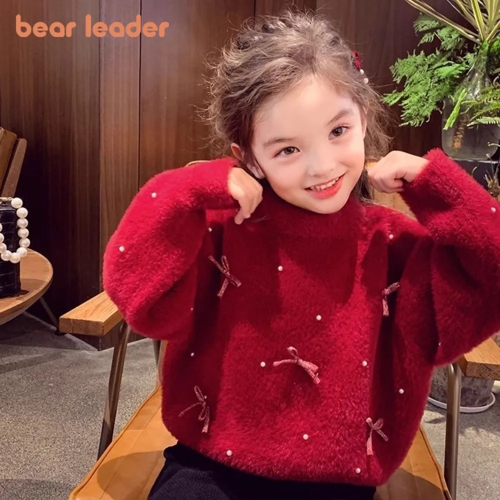 

Bear Leader Autumn Winter Red Bow Pullover Girls Sweater Korean Version Beadwork New Year's and Christmas Children's Clothing