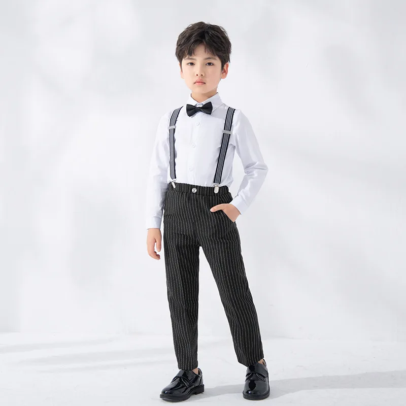 Kids Clothing Sets Spring Autumn New Boys Long Sleeve Shirt Bowtie Tops Suspender Pants Children Gentlemen Outfits 8 10 12 14 Y