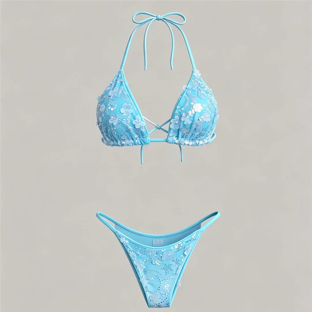 S - XL Dreiteiliges Bikini-Set mit Rock, Blumen, Pailletten, Damen-Bikini, Badeanzug, Badebekleidung, Badeanzug, Schwimmbekleidung V7864 – Detail 28