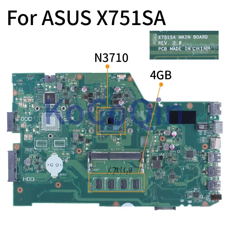 For ASUS X751SA N3700/N3710 4G Notebook Mainboard X751SJ F751SJ K751SV F751SV X751SV A751SV F751SA A751SA Laptop Motherboard