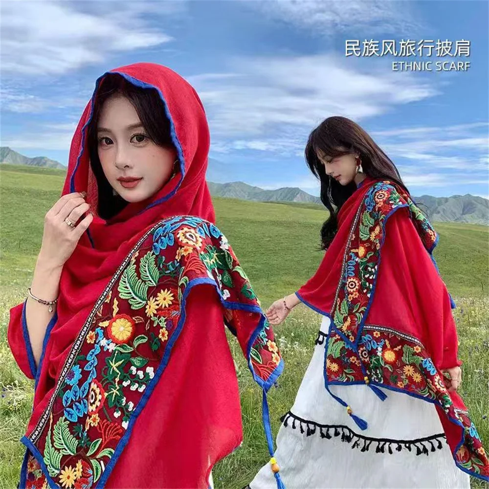 Summer Thin Women\'s Tassels Scarves Shawl Female Outdoor Ethnic Decorate Crafts Shawl Embroidery Desert Vacation Scarf Hijabs