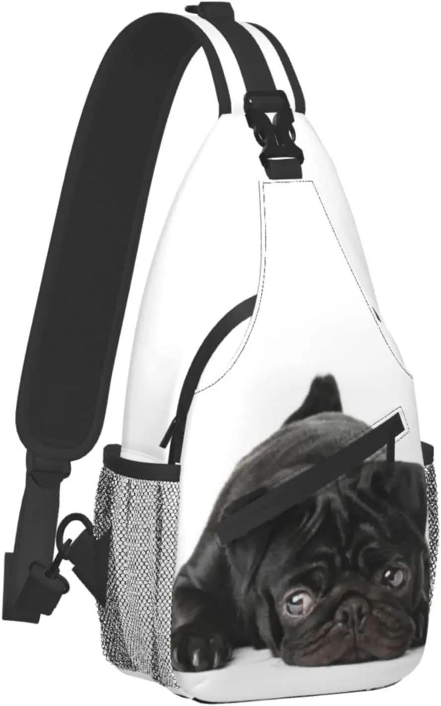 Black Pug Dog Sling Bag Crossbody Travel Hiking Chest Backpack Shoulder Daypack for Women Men One Size