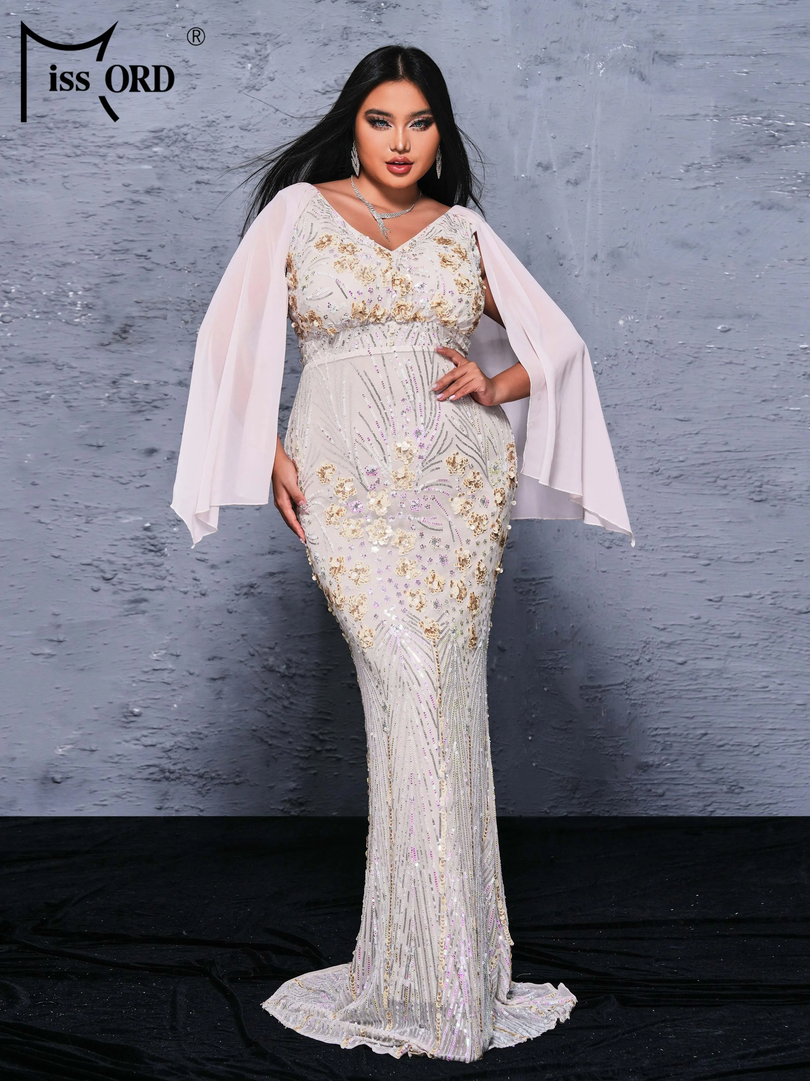 Missord Plus Size New V Neck Sequin Mermaid Evening Gown Wedding Birthday Party Floor Length Church Cocktail Prom Party Dress