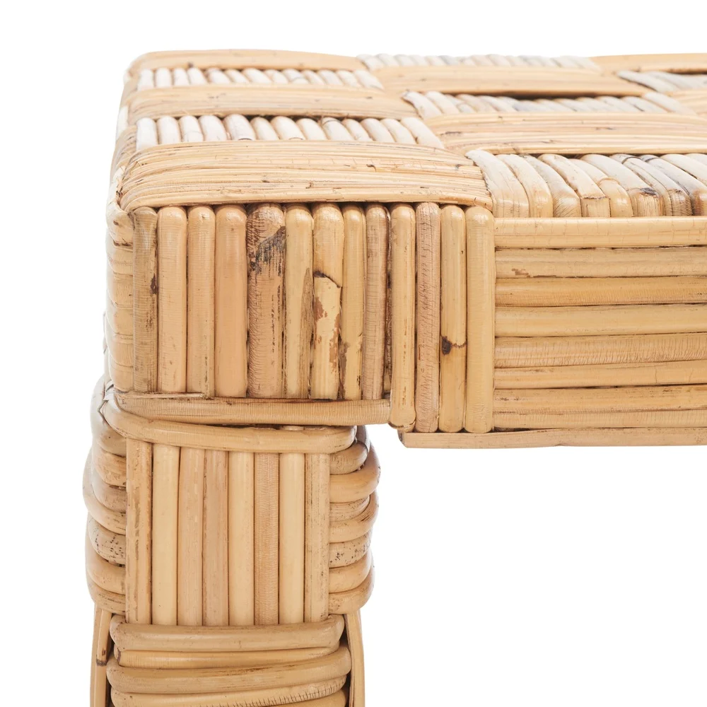 Coastal Checkered Rattan Coffee Table Honey Natural Indoor Furniture Rectangle Design No Assembly Required Home Decor