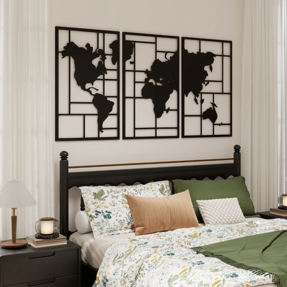 Décoration murale en métal avec carte du monde, 3 pièces, cadre géométrique, sculpture murale noire avec carte du monde, ornement mural facile à monter pour salon, chambre à coucher, entrée, hall, bureau, cadeau de mariage, taille unique 150x80cm