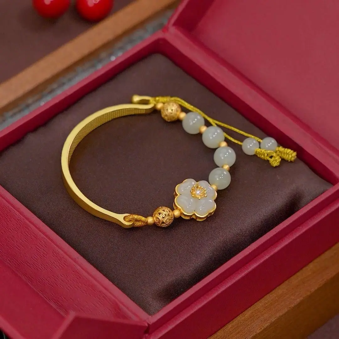 

UMQ Natural Hetian Jade Bracelet 925 Honeysuckle Open Ten Li Gold Plated Retro Hand Jewelry Girlfriends' Gift Girlfriend Gift