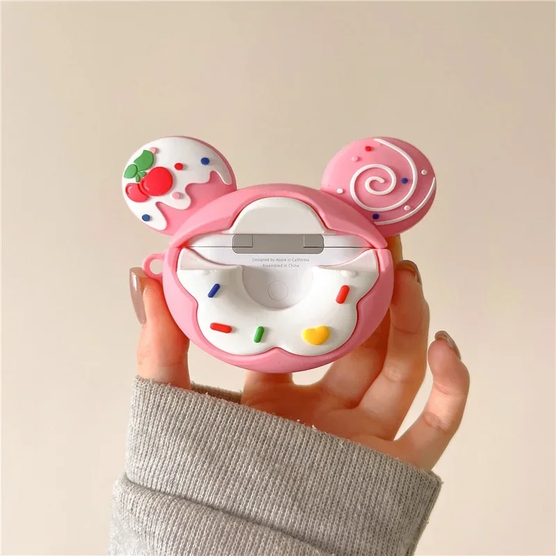حافظة ديزني ميكي لسماعات أبل ، سلسلة مفاتيح دونات ثلاثية الأبعاد ، سماعة أذن لاسلكية ، سماعة رأس بلوتوث ، غطاء سيليكون ، 1 ، 2 ، 3 برو