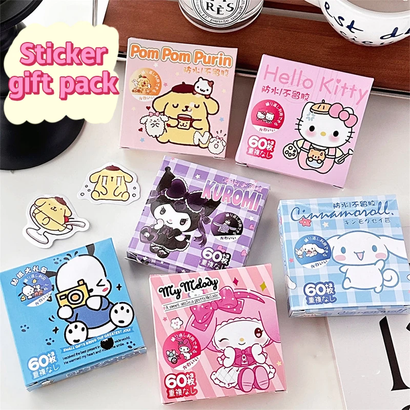 60 Stks/doos Kawaii Sanrio Stickers Hello Kitty Kuromi Cinnamoroll Pochacco Diy Hand Account Sticker Bakken Verzegelen Stickers