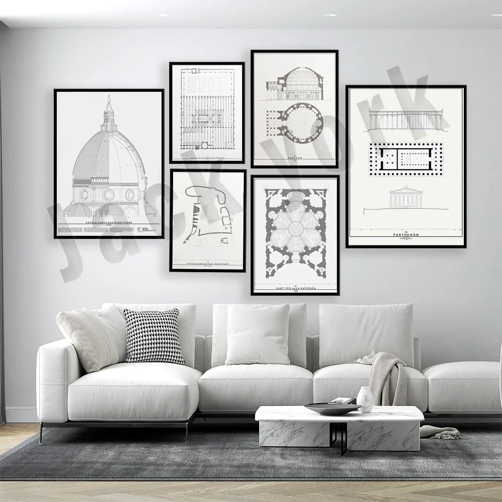 Roman Temple, Islamic Mosque, Toledo Cathedral, Parthenon, Barcelona Pavilion, Longchamp Church, Architectural Blueprint Poster