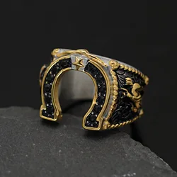 Domineering gold color stainless steel Horseshoe Rings with rhinestone for Men Classic Ring Hip Hop Rock Party Jewelry Gift