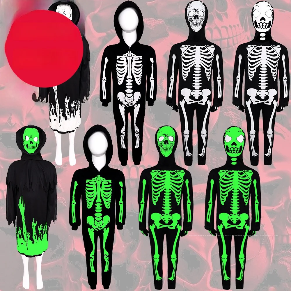 

loween Glow-in-the-k Skeleton Onesie Fluorescent Skeleton Tight Bla Robe Death God Costume Performance Clothing