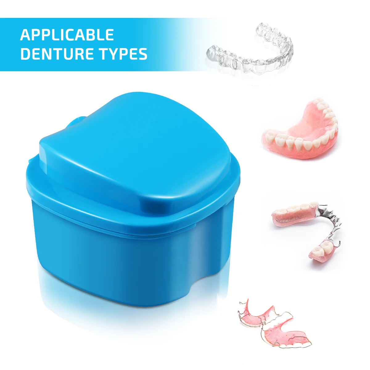 

Denture Box Case with Rinsing Basket and Hanging Net for Travel Storage Light Blue Denture Holder Container Portable False Teeth