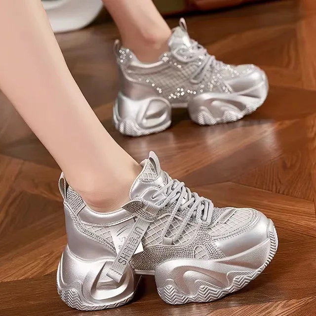 

Women's Thick Bottom Sports Shoes Breathable Mesh Real Leather Dad Sneakers Water Diamond Low Cut Casual Fashion Shoes