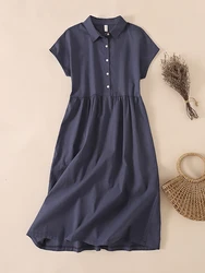 Vintage Turn Down Collar Shirt Dresses Women Summer Single Breasted Party Dresses Cotton Blend Office Lady Work Dress Robe Femme