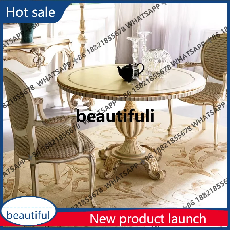 

D53 круглый обеденный стол из цельного дерева во французском стиле ретро с резным светом цвета шампанского, роскошный обеденный стол, комбинация обеденного стула