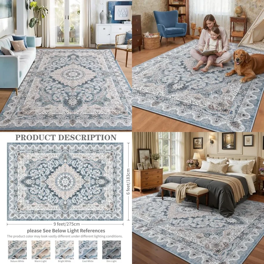 

6x9 Area Rugs for Living Room, Machine Washable Vintage Rug, Non-Slip Low Pile Throw Rugs with Rubber Backing Washable Carpet f