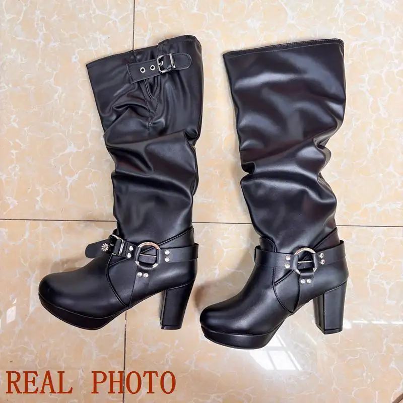 REAVE CAT Women Knee High Boots Round Toe Chunky Heels 7.5cm Platform 2cm Slip On Decoration Size 44 45 Party Booty