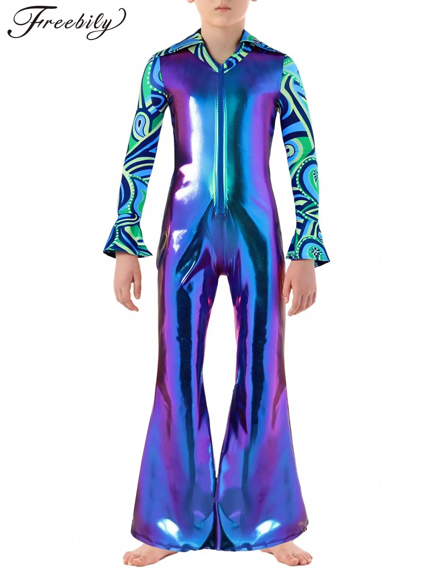 

Детская одежда для мальчиков 70-х годов, диско-танцевальная вечеринка, Хэллоуин, карнавал, праздничная одежда, наряды в стиле хиппи, блестящие брюки-клеш с металлическим дном, комбинезон