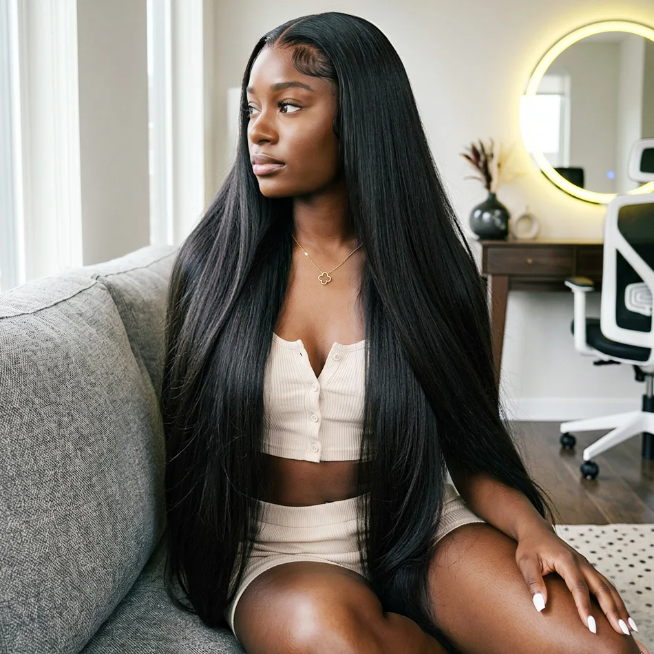

40 Inch Extra Long 250% Density Natural Black 13x6 HD Lace Frontal Bone Straight Silky Soft 13x4 Remy Human Hair Wigs Pre Plucked Hairline Invisible Bleached Knots Wear and Go 5x5 Glueless Closure Shiny Thick Ends