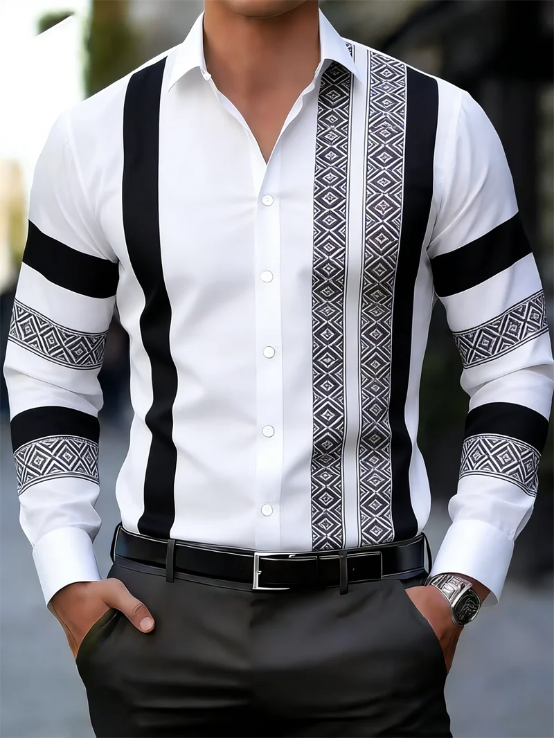 

New men's long sleeved shirt with 3D striped printed collar button pattern casual top men's long sleeved top