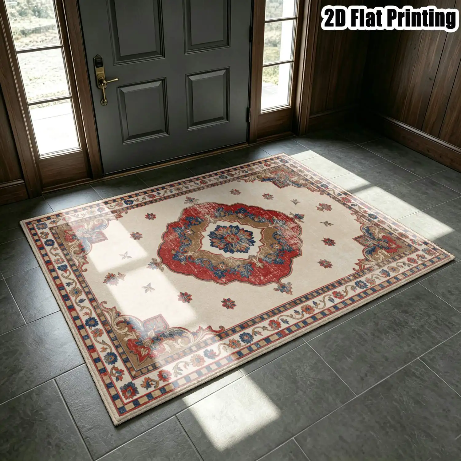 1Pc 2D Printed Retro Red-Brown Floral European Geometric Striped Minimalist Carpet, Multi-Size, Machine Washable, Suitable for Entrance, Dining, Foyer, Bedroom, Living Room Home Decor