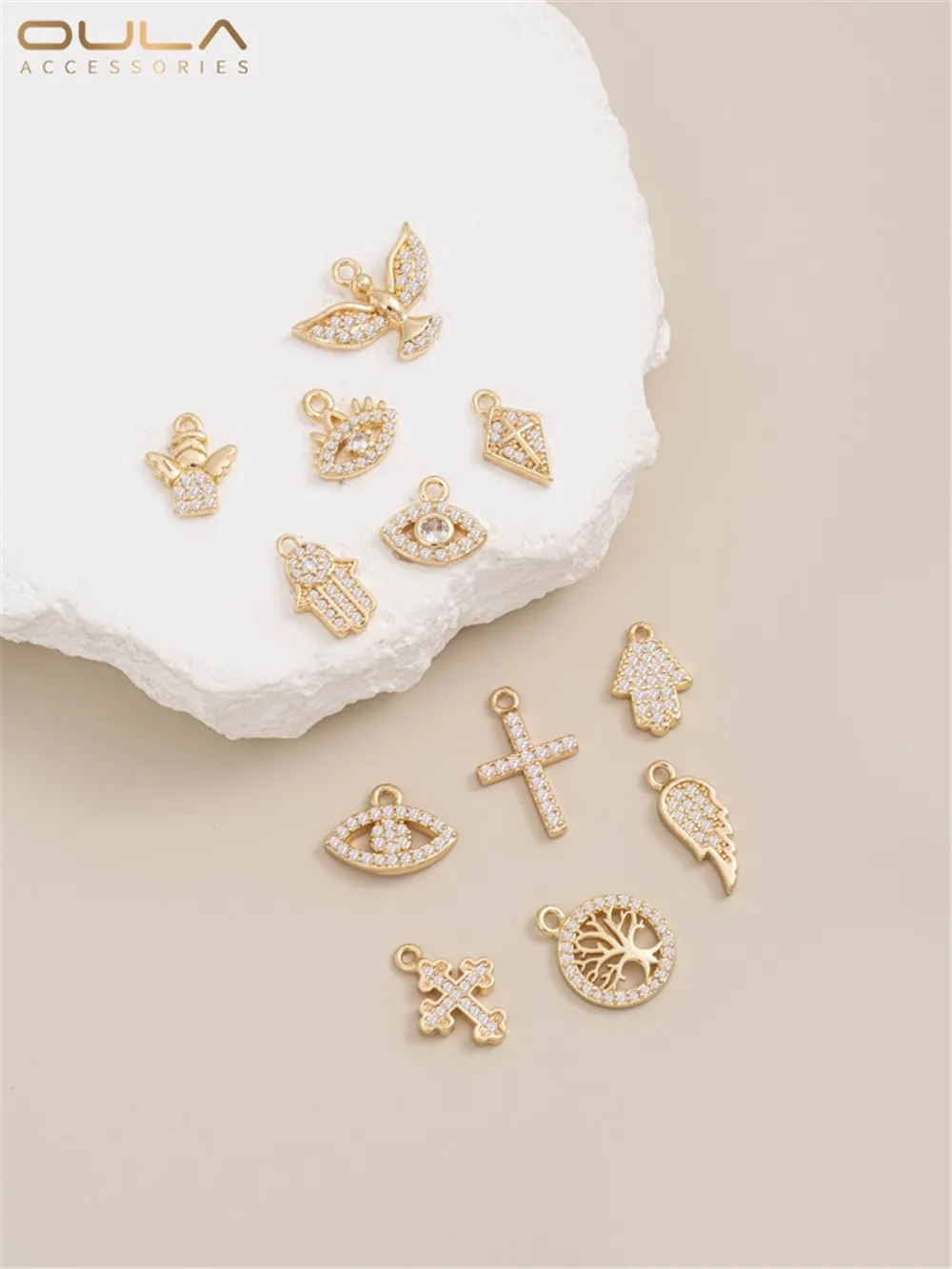 Micro-inset Zircon Small Pendant Series Color 14K Gold Bag Angel Eyes Palm Cross Wings Jewelry Pendant