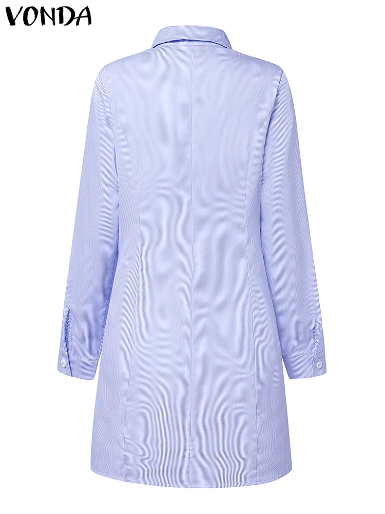 VONDA-Mini Robe Élégante à Manches sulfpour Femme, Décontractée, Rayure Coréenne, Mode Éducative, Chemise à Revers, Robe d'Été Bien Ajustée