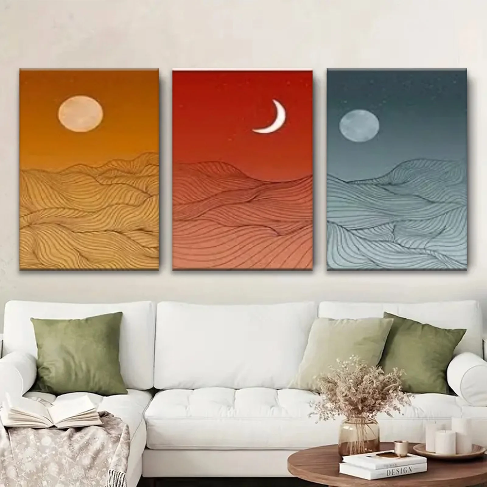 Frameless 2D flat 3 piece packaging canvas painting- moon, hills, lines room decor-wall decor-bathroom decor and accessories-