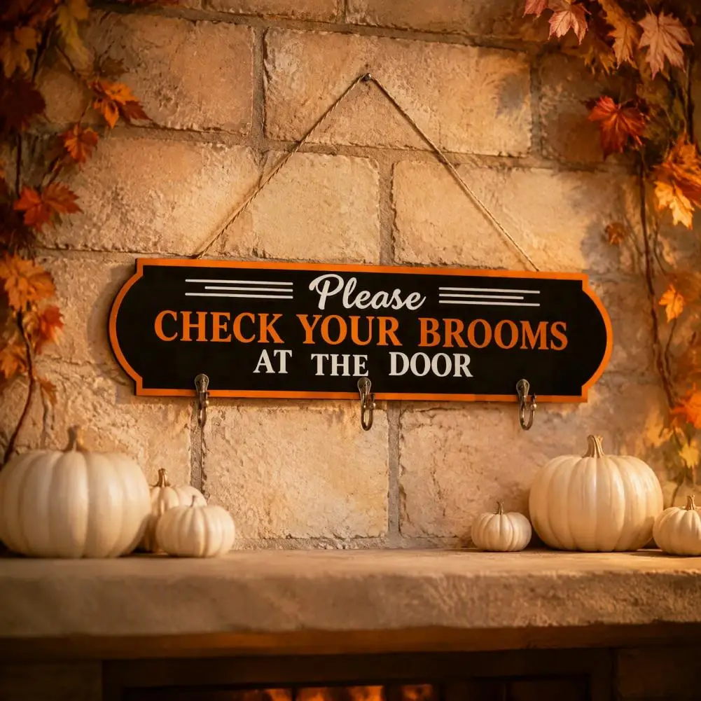 Halloween Broom Parking Sign Wooden Wall Hanging Sign Check Your Brooms with Hooks for Indoor Outdoor Front Porch Home Decor