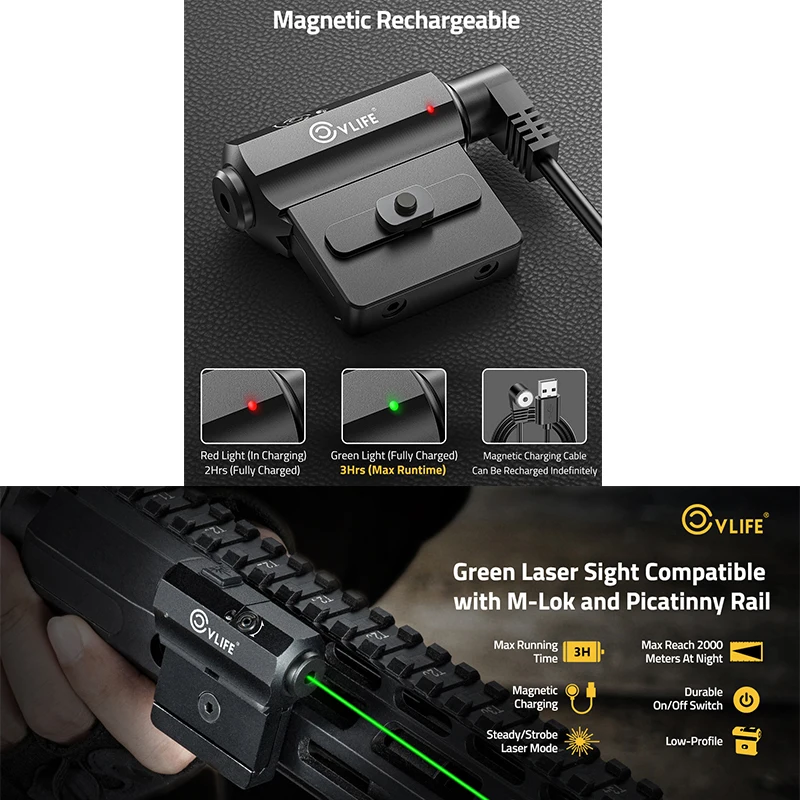 

CVLIFE Green Laser Sight Low Profile Compact Sights Rechargeable Compatible with M-Lok and Picatinny Rail for Hunting Sighting