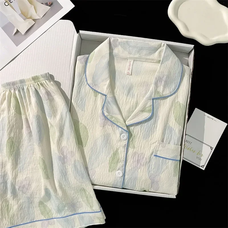

Women's Pajamas Set Cotton Sleepwear Button Down Tops and Shorts Pajama 2 Piece Suit Pyjama Femme Nightwear Loungewear Summer