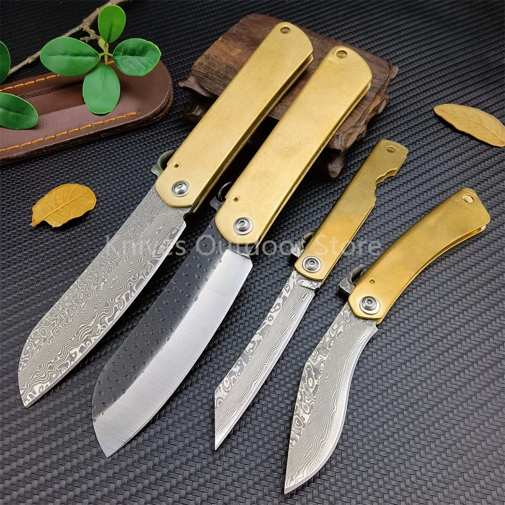 

Japan Higono kami Pocket Folding Knife Damascus Steel Copper Handle Survival Tactical Camping Hunting Rescus Collection Knifes