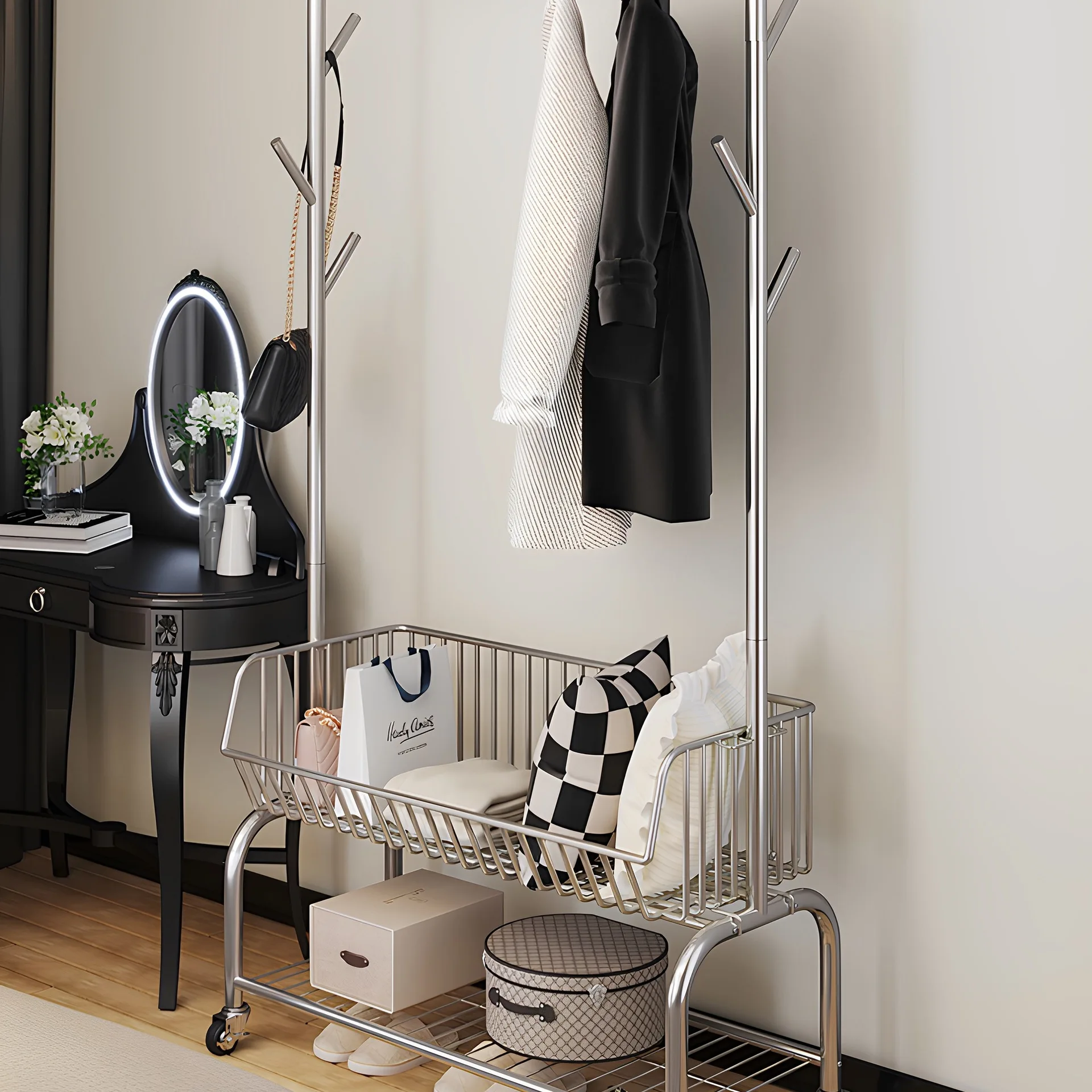 Light luxury drying rack Floor-to-ceiling hanger in bedroom Mobile coat rack Household overnight clothes bag storage rack