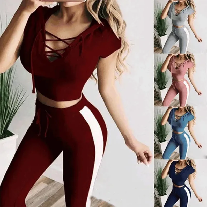 2Pcs Women Casual Sports Yoga Fitness Legging Athletic Sets Crop Top Hoodie+ Trousers Women's Fashion Tracksuit Sportwear