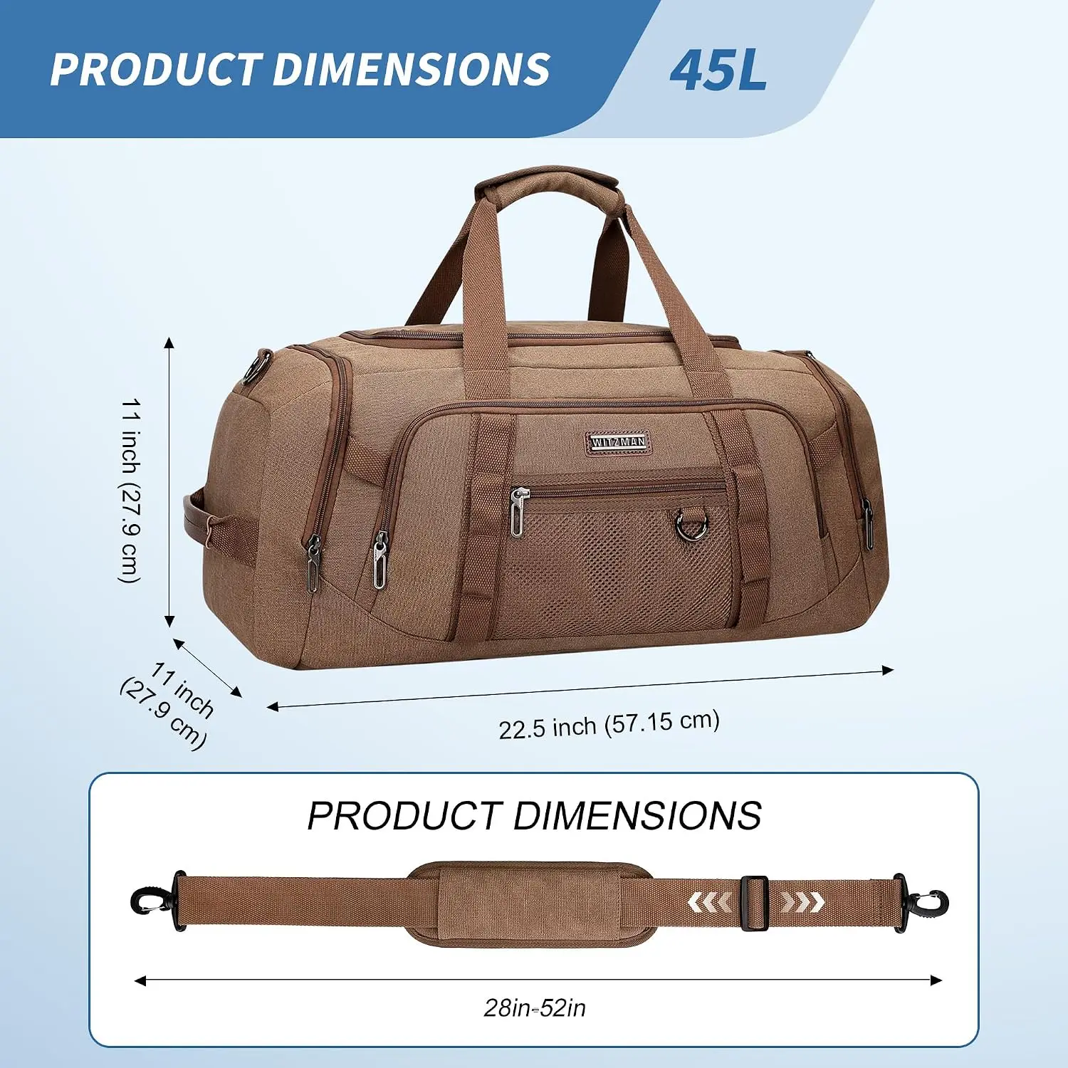 Canvas Duffle Bag for Men 3 in 1 Convertible Backpack 45L Travel | With Shoe Compartment and Dry-wet Pocket, Large Capacity, Carry On, For Gym, Sports, Weekender, Overnight, A8006/3 Brown view 6