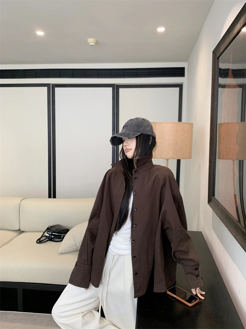 

Elegant Loose Long Sleeve Coffee Color Printed Shirt Women's Fashion Spring Slimming Top American Style Casual Shirt