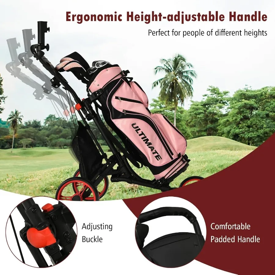 عربة دفع جولف ذات 3 عجلات مع إطار من الألومنيوم لسهولة النقل وتخزين الميزات وحزام مطاطي وحامل المظلة وحامل الكأس Sco #4