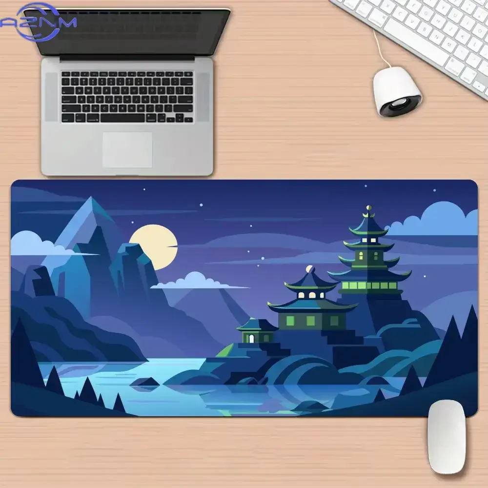 Full moon and pagoda scenery large Mouse Pad Desk Mat Stitched Edge Non-Slip Keyboard Gaming pad office rug Mouse carpet