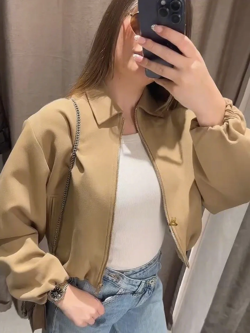 

Woman Zipper Autumn Jackets Turn-Down Collar Pockets Fold Coats Straight Slim High Street Casual Short Tops Fashion Girl Clothes